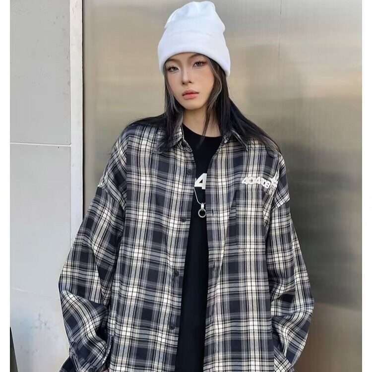 复古格子长袖衬衫上衣男女炸街穿搭宽松学生韩系外套5670-P48网图，女装衬衫，电商B245