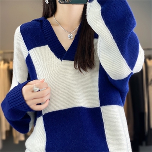 拼色POLO领100%纯羊毛衫女秋冬款长袖毛衣宽松慵懒羊绒衫打底上衣图片