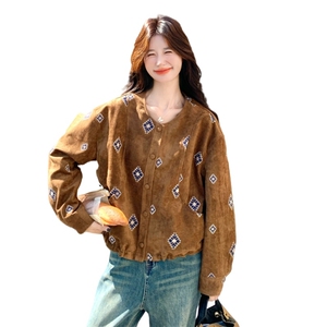 棕色复古刺绣麂皮绒外套女秋小个子网红炸街宽松时尚休闲短款夹克图片