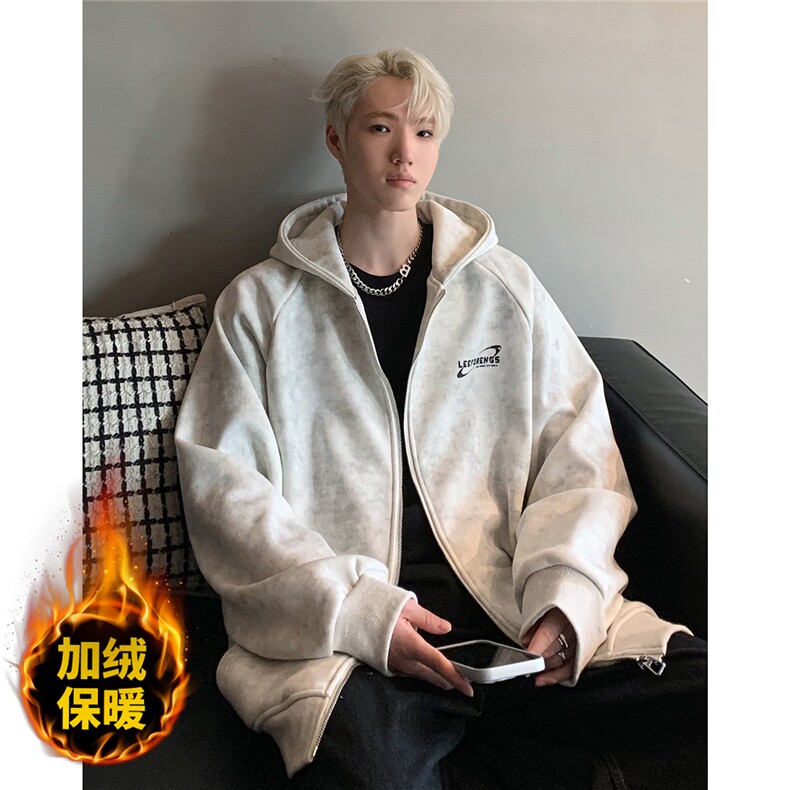开衫卫衣男秋冬季加绒重磅字母印花青少年拉链外套JK092-P80,男装卫衣,电商C307