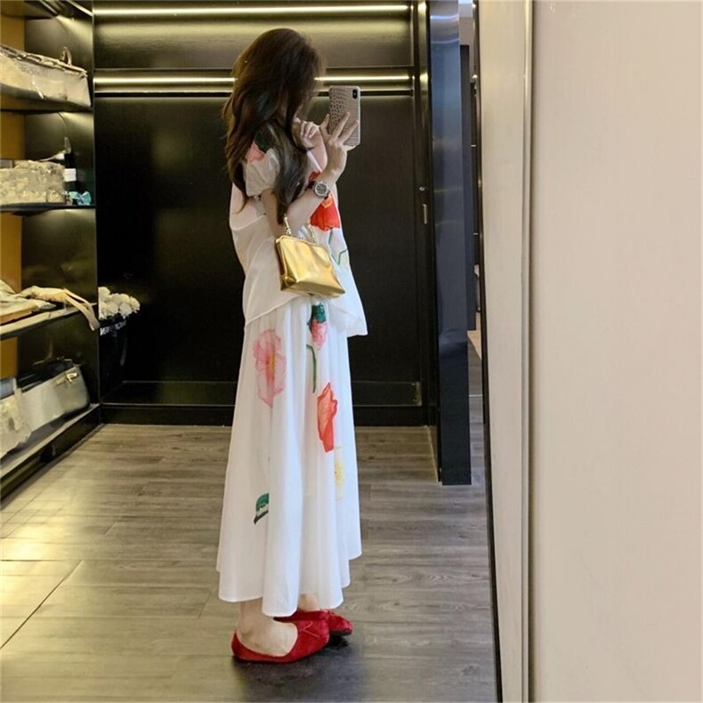 韩版2025夏日新款一整套穿搭印花宽松白色上衣松紧腰长款半身裙,女装半身裙,星座1210-1