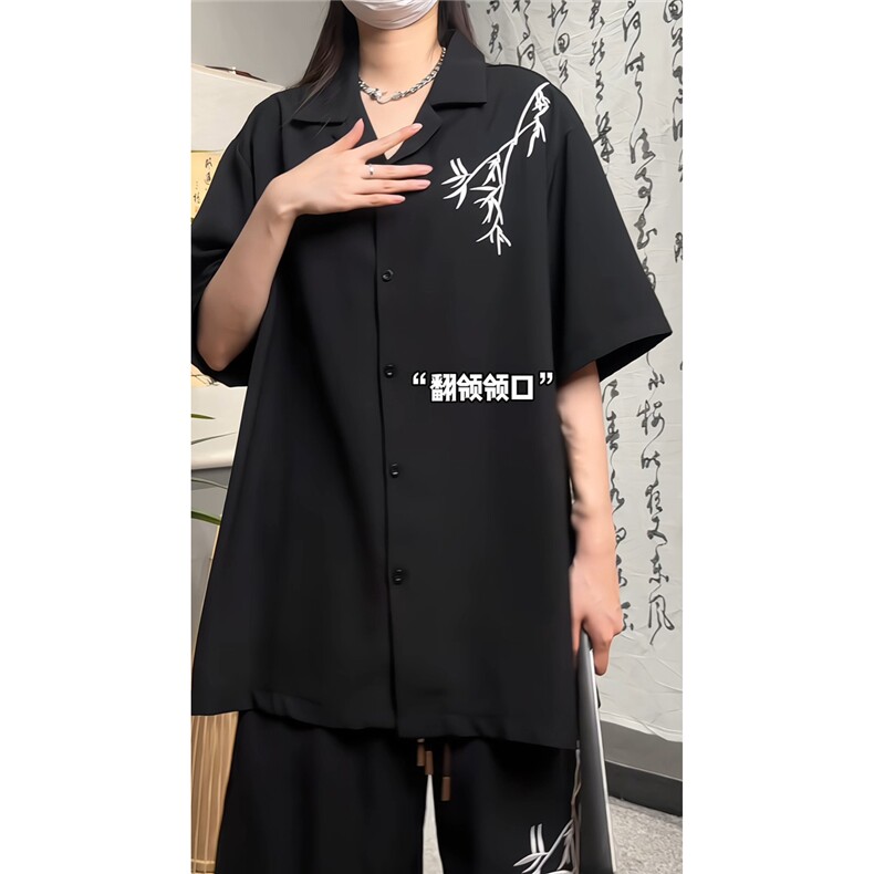新中式男风翻领短袖衬衫夏季复古竹子绣花短裤套装TZ505-P60,男装牛仔裤,电商A006