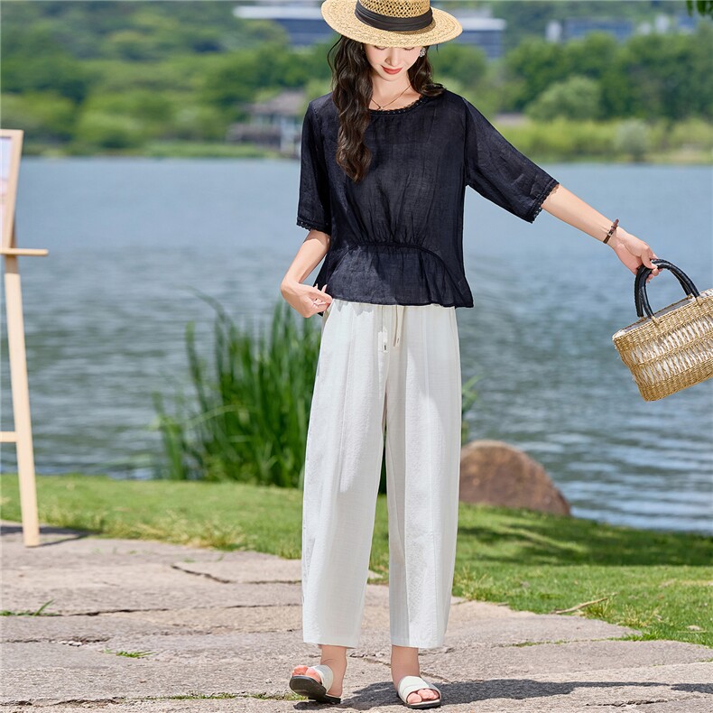 2026夏季文艺风套装，藏青暗花收腰显瘦质感高级搭配裤子清凉透气,女装套装/套裙,米莱