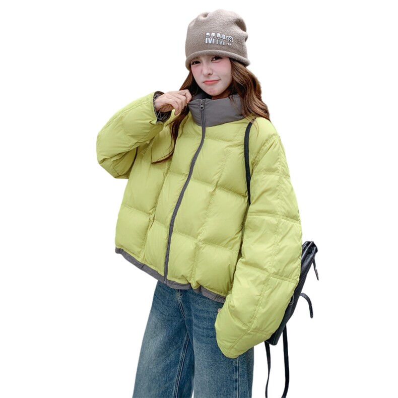 牛油果绿撞色方块泡芙90白鸭绒羽绒服女冬季面包服新款小个子短款,女装羽绒服,2C218