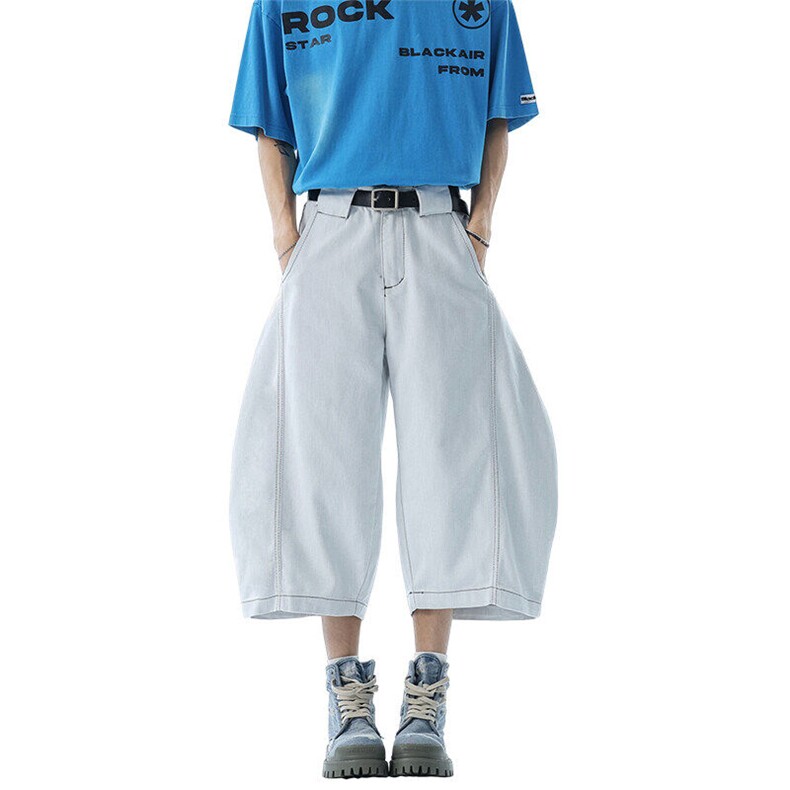 美式高街牛仔短裤男夏季潮廊形水洗宽松弯刀直筒七分裤YD702-P65,男装牛仔裤,星座509