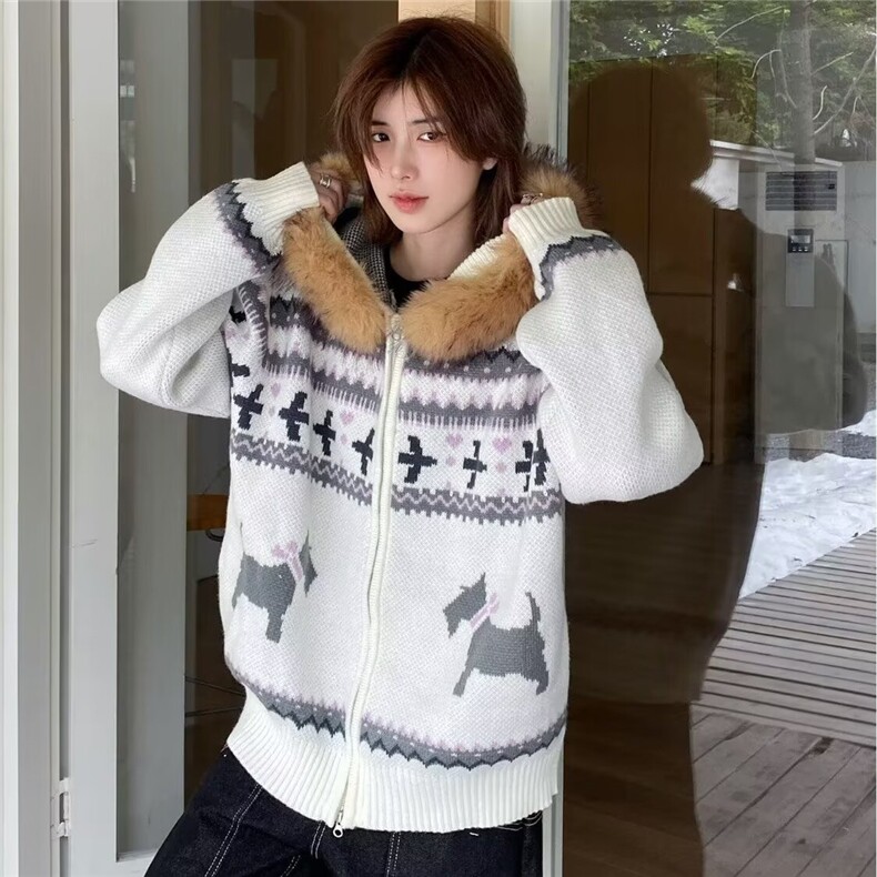 CHICXIXI25AW复古费尔岛大毛领连帽开衫双拉链毛衣外套男女秋冬，男装针织衫/毛衣，四季星座505