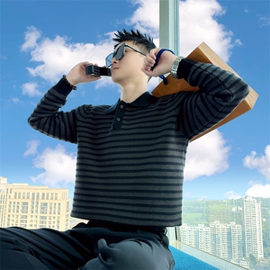 AM305/P88控115秋冬季社会小伙拼接撞色复古潮流百搭毛衣男黑首图片