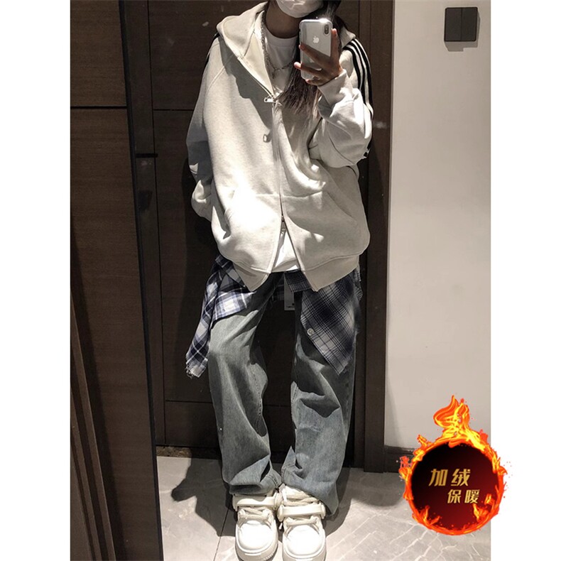抖音得物全棉二开支持退换加绒加厚双拉头拉链连帽卫衣开衫CM19,男装卫衣,电商A486