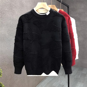 立体牙刷绣红色毛衣男潮牌加厚宽松针织衫2025冬季新款男士打底衫,裸靴搭配打底裤图片