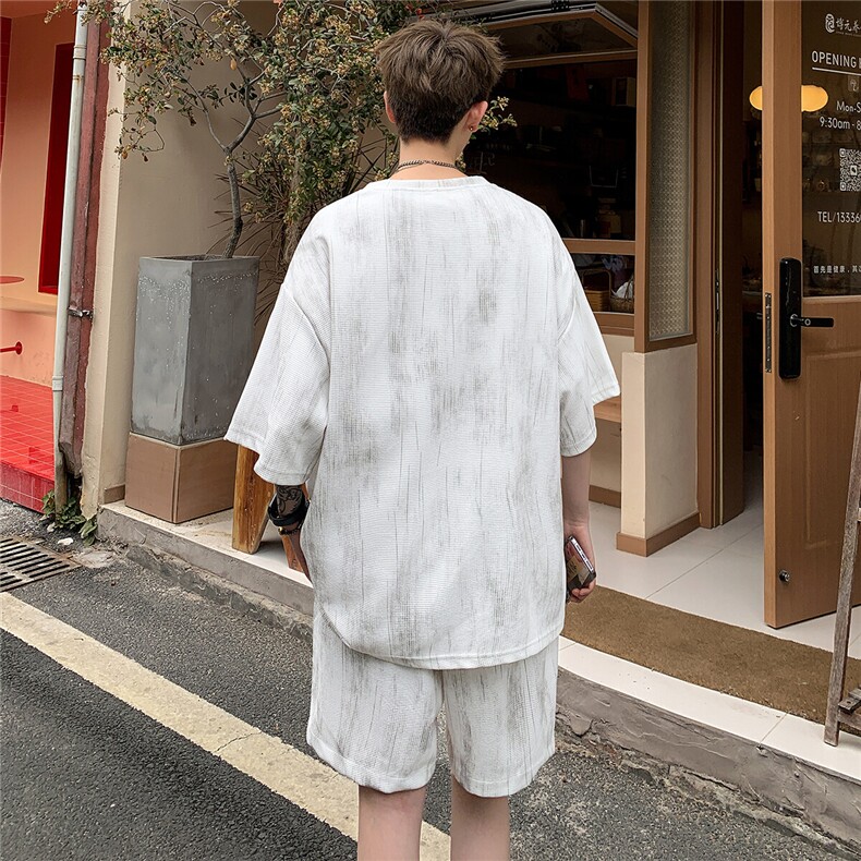 2025夏季新款扎染美式冰丝五分袖短裤套装潮流TZ5622/特P50白5,男装牛仔裤,电商A094