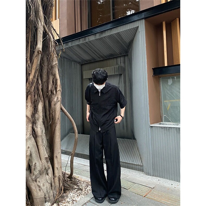 cleanfit黑色翻领衬衫褶皱纹理结构拉链t恤上衣半袖男CS11批40,男装衬衫,星座218-5