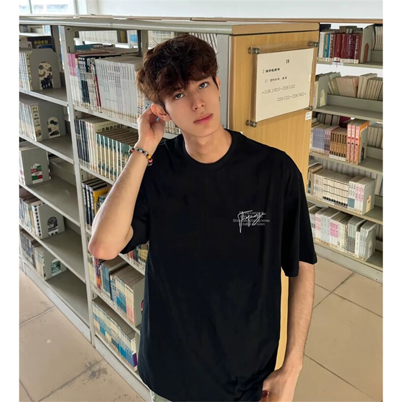 抖音得物供货210克现货宽松纯棉美式潮牌印花落肩袖纯棉T恤AT2172,男装T恤,电商A443