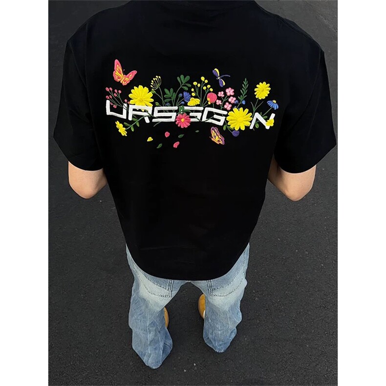 网图有货美式潮牌刺绣花卉短袖T恤男女宽松情侣装上衣A443-P32，男装T恤，星座1505