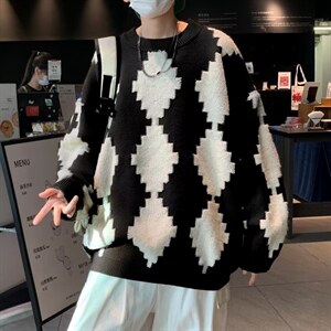 2023秋冬新款菱形格套头毛衣男宽松圆领撞色针织衫 M640-P42图片