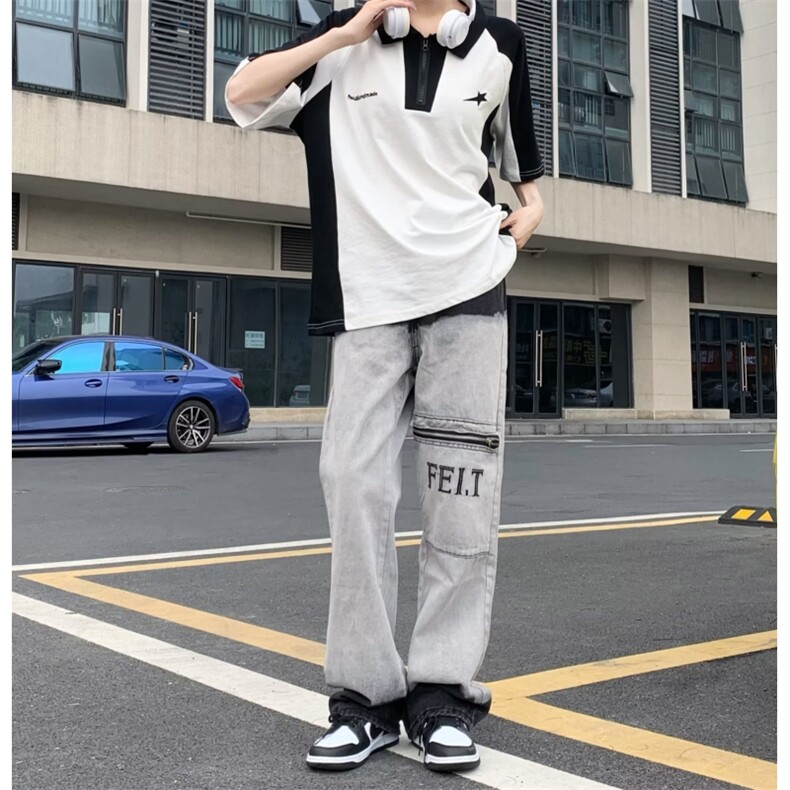 美式高街牛仔裤男韩版潮流做旧字母拉链2023秋夏ins长裤RK787-P60,男装牛仔裤,星座412-3