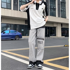 美式高街牛仔裤男韩版潮流做旧字母拉链2023秋夏ins长裤RK787-P60，男装牛仔裤，星座412-3