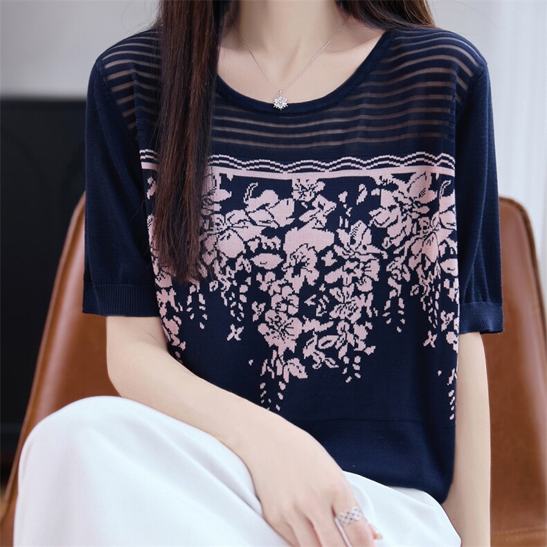 高端莱赛尔针织提花短袖T恤女2025夏季薄透气宽松显瘦上衣小衫t恤,女装T恤,唐诺