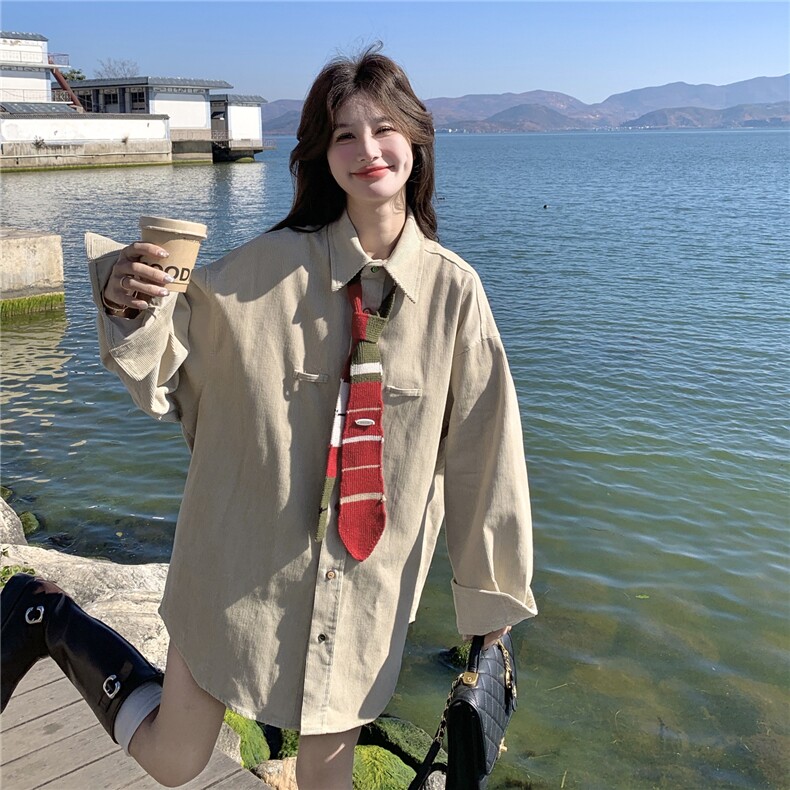 oversize撞色领带灯芯绒衬衫女春秋2026新款独特设计感学院风上衣,女装短外套,2C159
