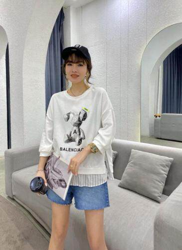 【现货】夏季新款纯棉薄款衬衫拼接七分袖圆领卫衣，女装衬衫，微迪菲