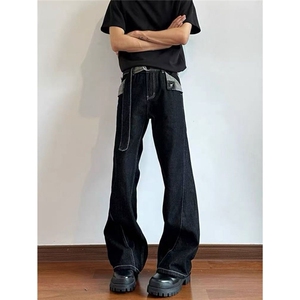 美式高街黑色男女小众设计感明线飘带牛仔裤S453 P47图片