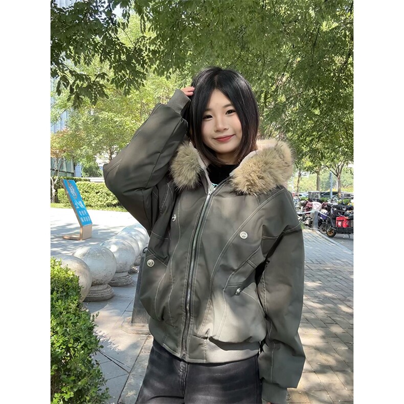 现货重磅boxy短款棉衣座山雕大毛毛领男女棉服水洗工装厚外套,男装棉衣,电商A486