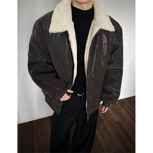 蛇纹亮面棉服加厚毛领痞帅休闲夹克皮衣男 D51221-TP80 158图片