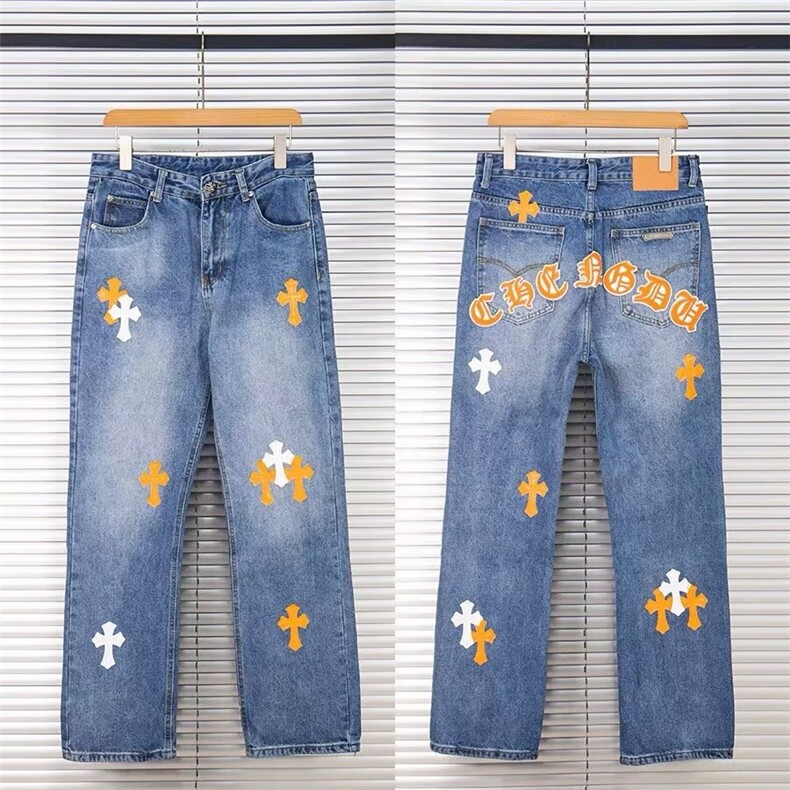 美式高街小众重工十字架贴布刺绣牛仔裤男装新款宽松阔腿长裤子,男装牛仔裤,星座410-7