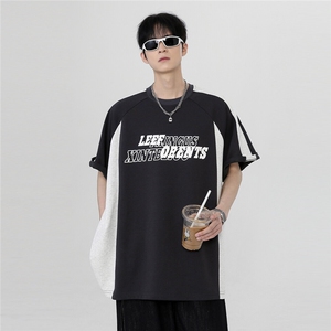美式复古撞色拼接百搭2026新款重磅插肩袖印花短袖T805-P38图片