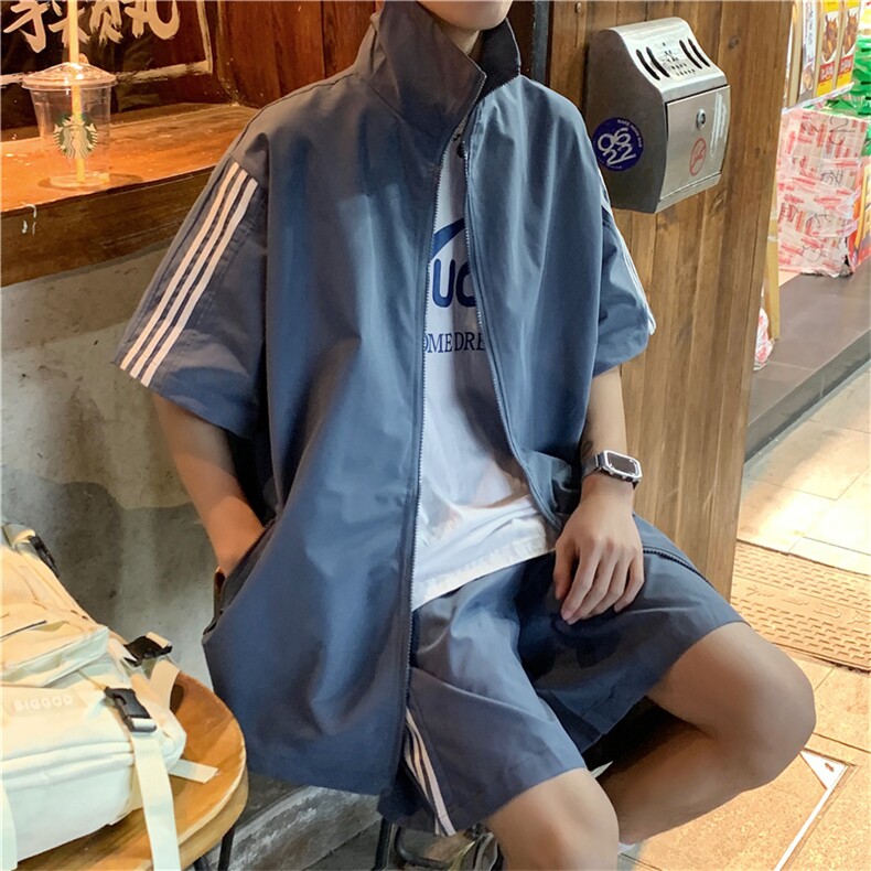 条纹套装男夏季港风宽松bf运动休闲ins学生短裤两件套潮TZ001-P45,男装休闲套装,星座1008