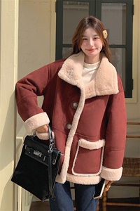 安可拉红麂皮绒外套女2025秋季新款韩版加厚小个子皮毛一体棉服图片
