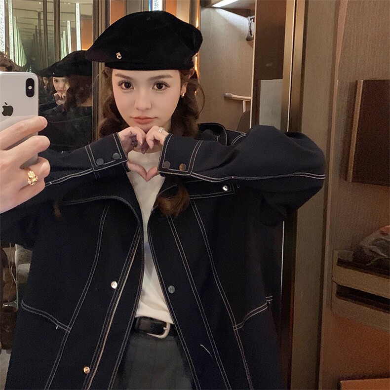 韩版盐系学院风连帽外套女2025春秋季新款宽松显瘦大翻领夹克上衣,女装风衣,2C372