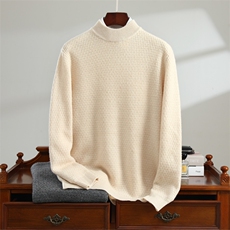极简风半高领加厚纯棉线套头衫男秋冬款坑条针织衫时尚百搭打底衫，男装羊毛衫，唯若美羊绒