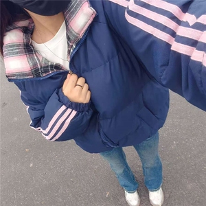 2025 撞色格子三道杠棉衣女装面包服加厚保暖中性款棉服 P65-1620图片