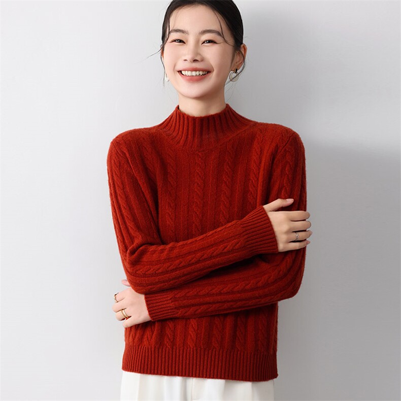 秋冬新款高领麻花毛衣女宽松显瘦百搭时尚羊毛衫,女装羊毛衫,琳尚羊绒
