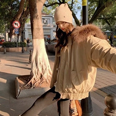 潮牌情侣派克服短款羽绒棉服仿兔毛大毛领连帽棉衣冬外套美式复古，男装棉衣，星座218-8