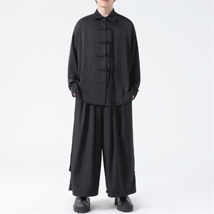 C8606 P65 无影墻 冰丝新中式风暗黑风唐装汉服盘扣衬衫情侣图片