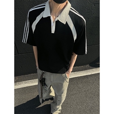 得物抖音高品二开240克纯棉美式高街痞帅翻领POLO织带短袖T恤，男装T恤，电商A486-1