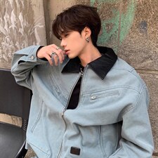 有货。登山布拼皮夹克W6975-P65，男装夹克，星座412-3