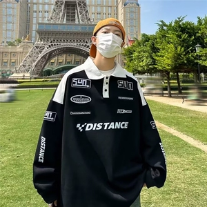 美式复古polo衫潮牌黑白拼接刺绣翻领卫衣男小众高街赛车服外套图片