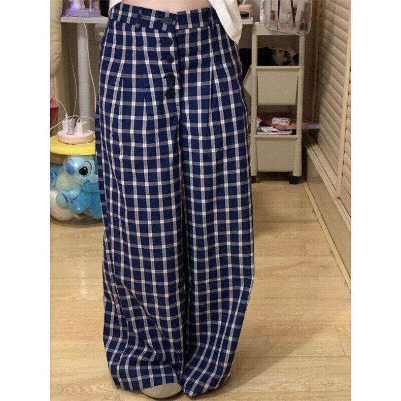 夏季格子休闲裤男女夏季小众排扣设计直筒阔腿拖地裤LK20011-p50,男装休闲裤,星座1008