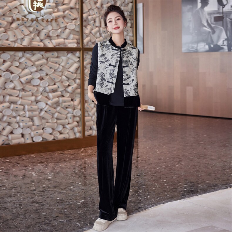 新中式国风马甲套装女春秋复古2024新款金丝绒唐装高端丝绒三件套,女装套装/套裙,霓裳依族