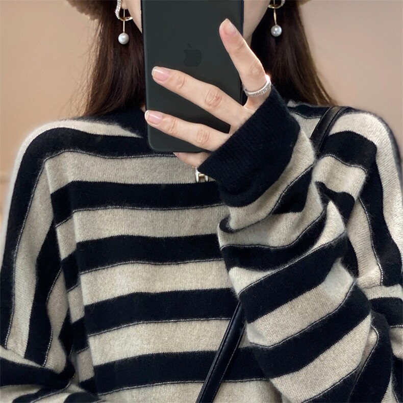 23新款女羊毛海军条纹圆领宽松衫针织休闲DYSZ,女装羊毛衫,优麦羊绒（原洪叶羊绒）