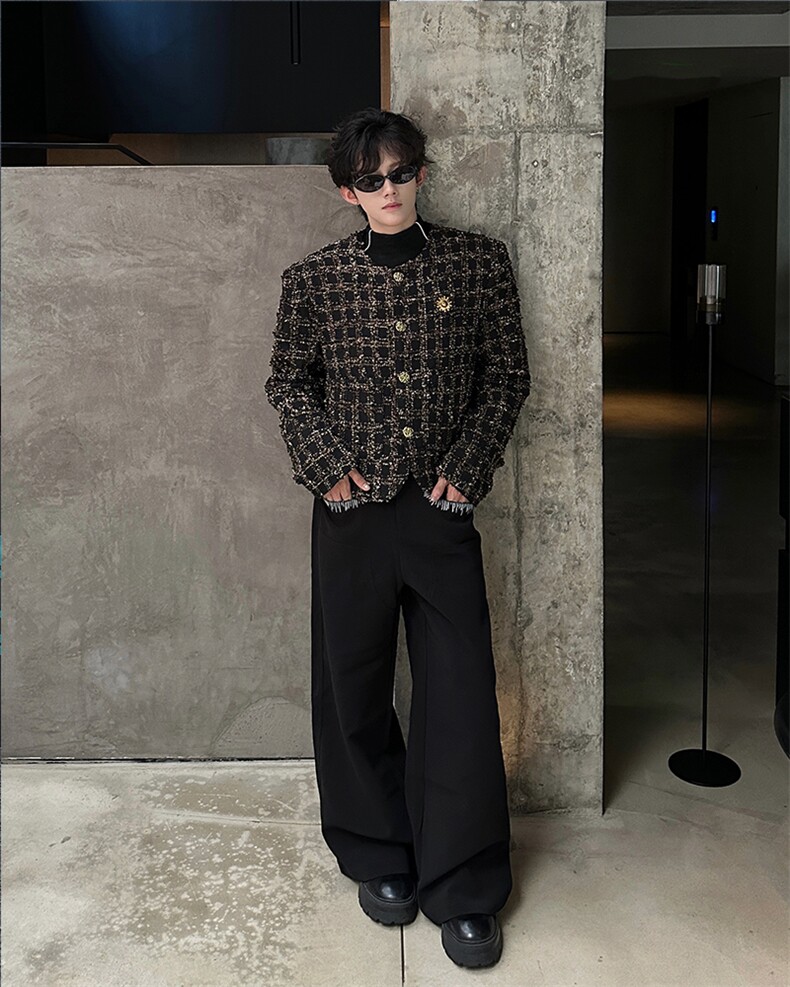 现货25秋冬男士设计感亮片胸针夜店小香风毛呢外套XXF30-P168，男装毛呢大衣，电商B288