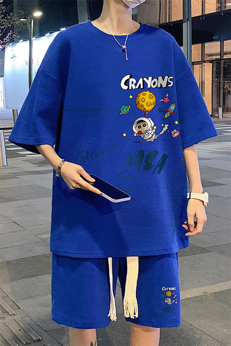 青少年男装帅气学生潮流休闲运动套装夏季华夫格短袖短裤酷帅穿搭,男装休闲套装,电商B367