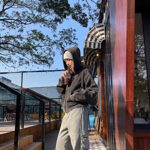 潮流新款原宿流行美式复古水洗连帽卫衣男女短款拉链开衫春秋外套图片