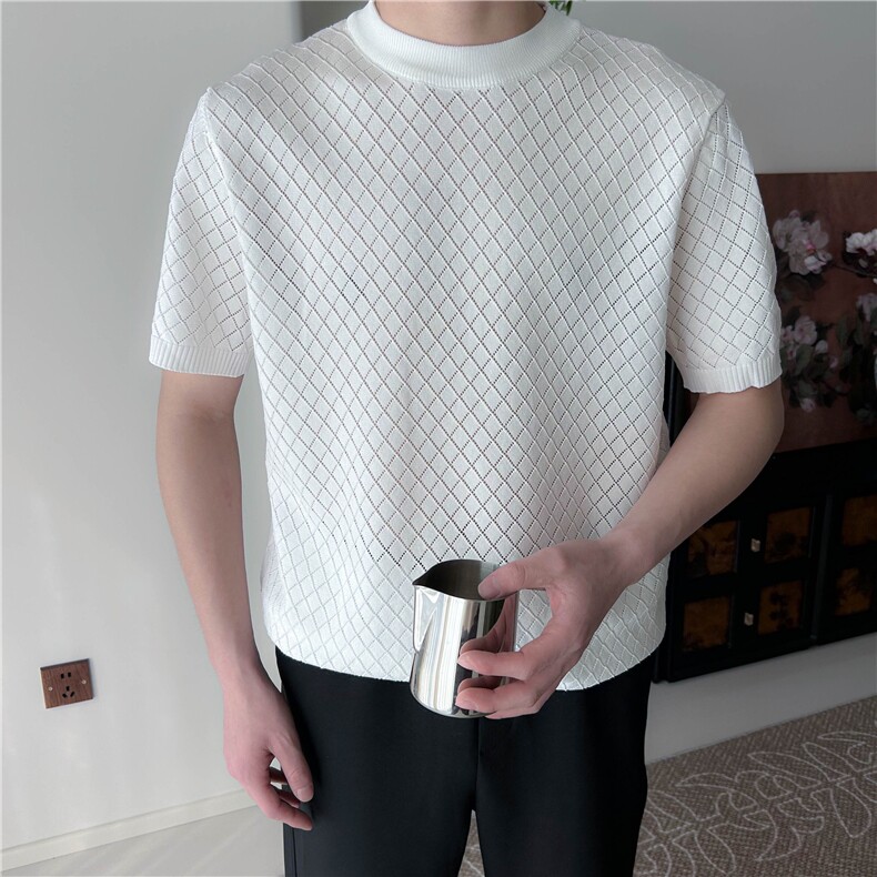 春夏男士圆领针织衫冰丝凉爽镂空短袖T恤B3007-P53，男装T恤，星座1012-1