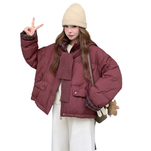 现货新款韩版宽松立领撞色格子袖口羽绒服短款外套面包服图片