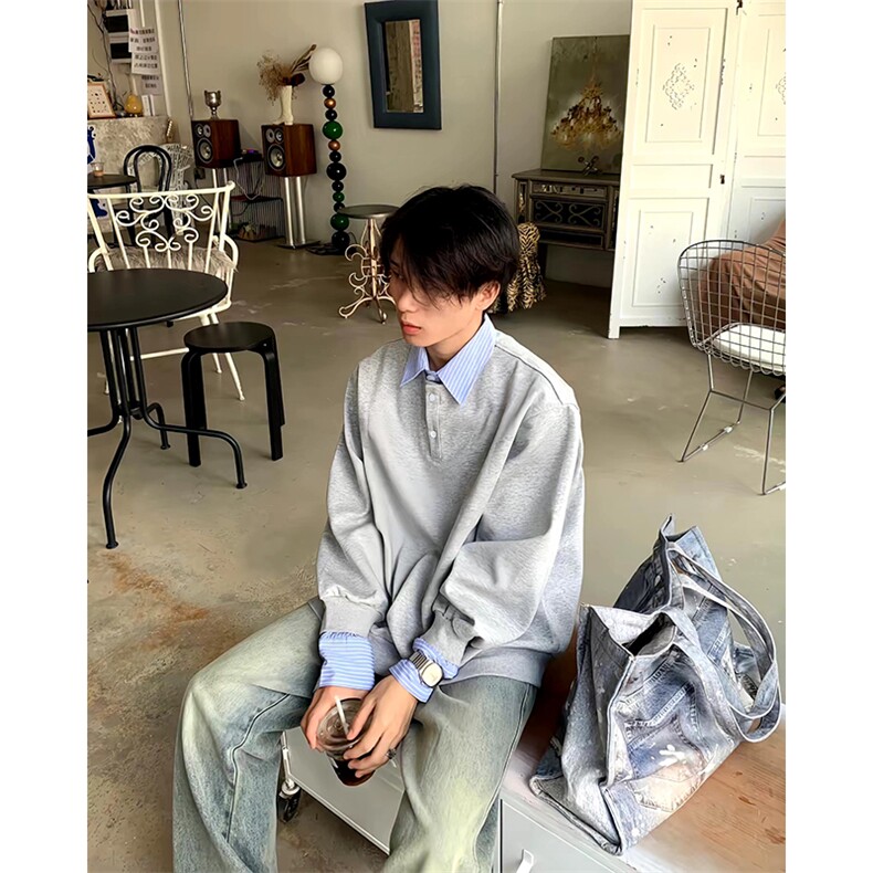 抖音得物高品质26春装美式高街假两件衬衫领长袖卫衣POLO领打底衫,男装T恤,电商A486