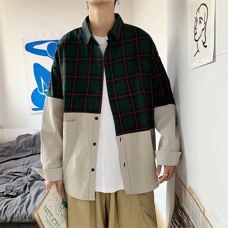 港风ins小众高街工装个性格子拼接长袖衬衫男垂感衬衣 W1121-P30图片