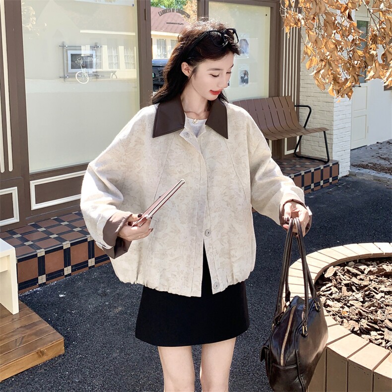 撞色翻领拼接提花外套女2025秋季新款小众设计感气质百搭短款夹克,女装短外套,2C198